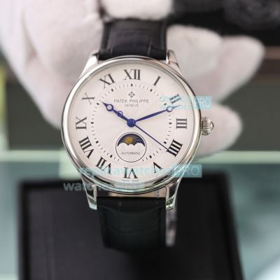 Replica Patek Philippe Calatrava Black Leather Strap White Face Rounded Bezel Watch 41mm